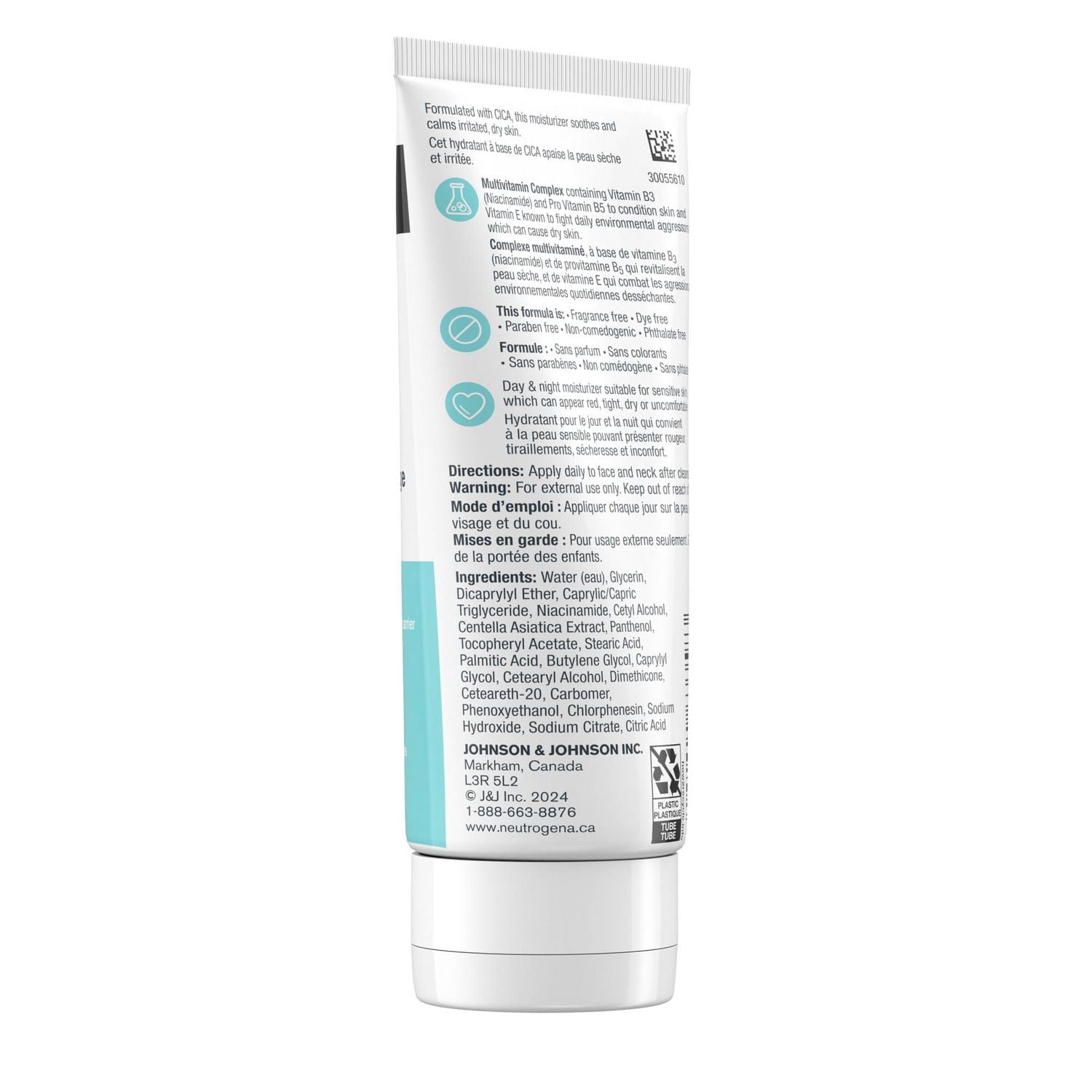 Hydratant quotidien Visage Neutrogena, sans parfum, hydratant pour peau sensible, pour le visage et le cou, avec vitamine B3, pro-vitamine B5 et vitamine E; soutient la barrière de la peau, 100 ml