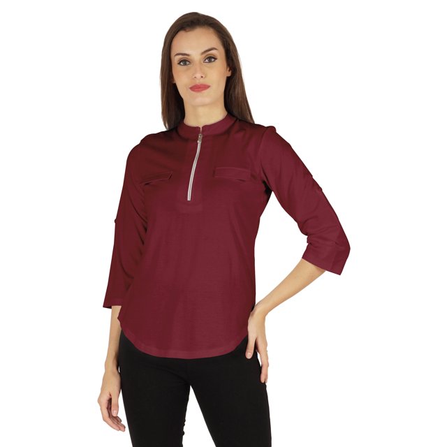 Inkmeso Stylish Mandarin Collar Top For Women Casual Solid Relaxed-Fit Zipper Front Tunic