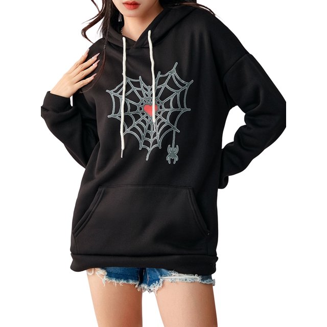 Faithtur Femmes Sweat à Capuche, à Manches Longues Broderie Cobweb Coeur Pull-Over Casual Tops