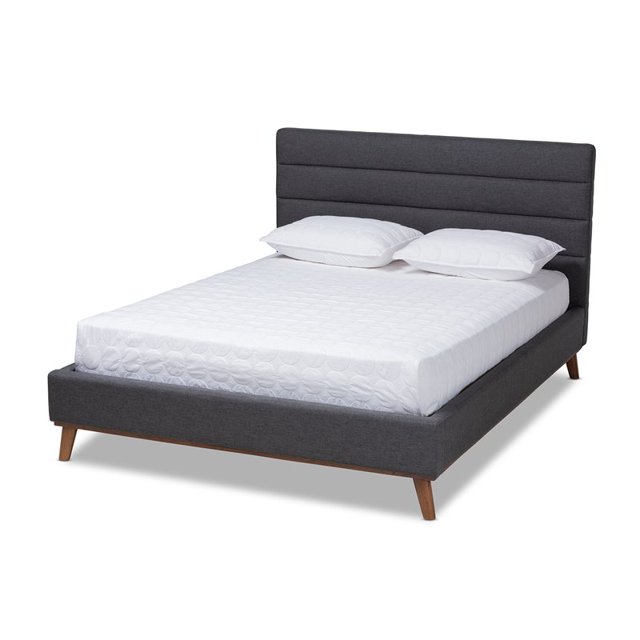 Baxton Studio Lit Plateforme Grand en Bois Rembourré Style Mi-Siècle - Gris Foncé