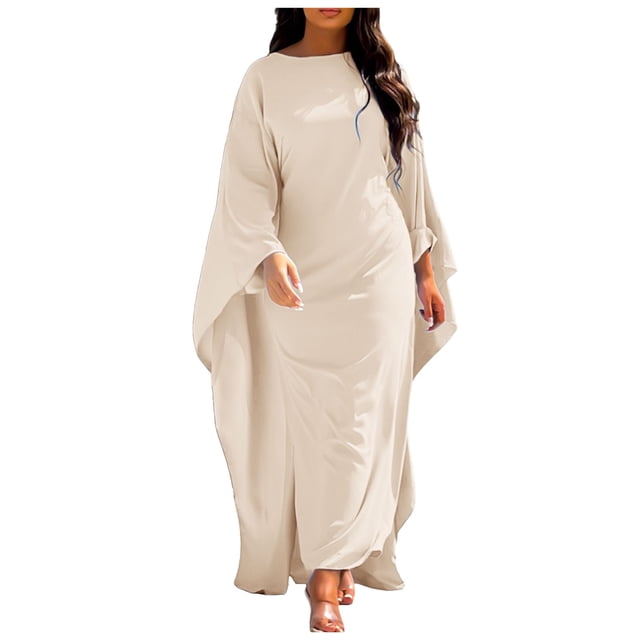 Wijhcboe 2025 Robe de Soirée en Satin Mode Été Jupes Robe Abaya Femmes Musulmanes Robe Hijab pour Femmes Style Élégant Uni Col Rond Hijab Longue Robe Manches Chauve-Souris Ample Robe Maxi Vêtements pour Femmes