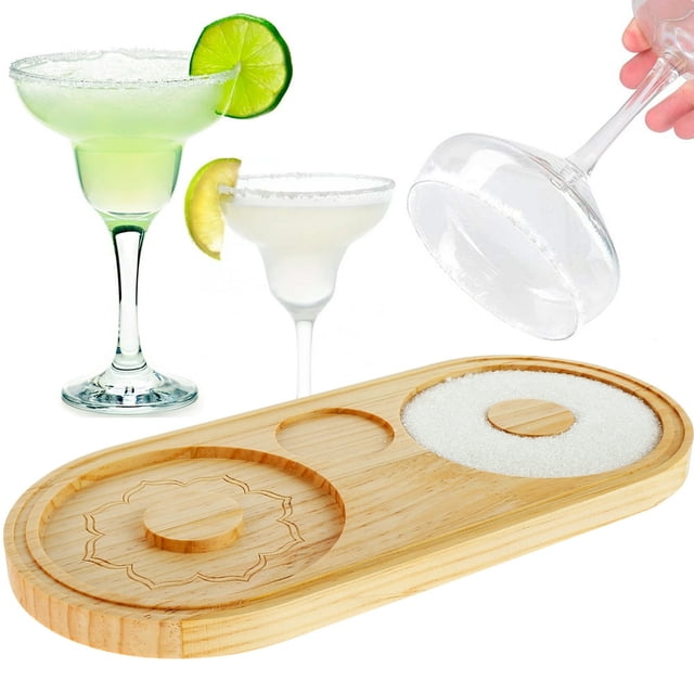 Margarita Salt Rimmer Reusable Bamboo Sugar Salt Rimmer with Double Plate Bar Glass Rimmer Salt Box Spice Container Bartender Tool for Cocktail and Margarita