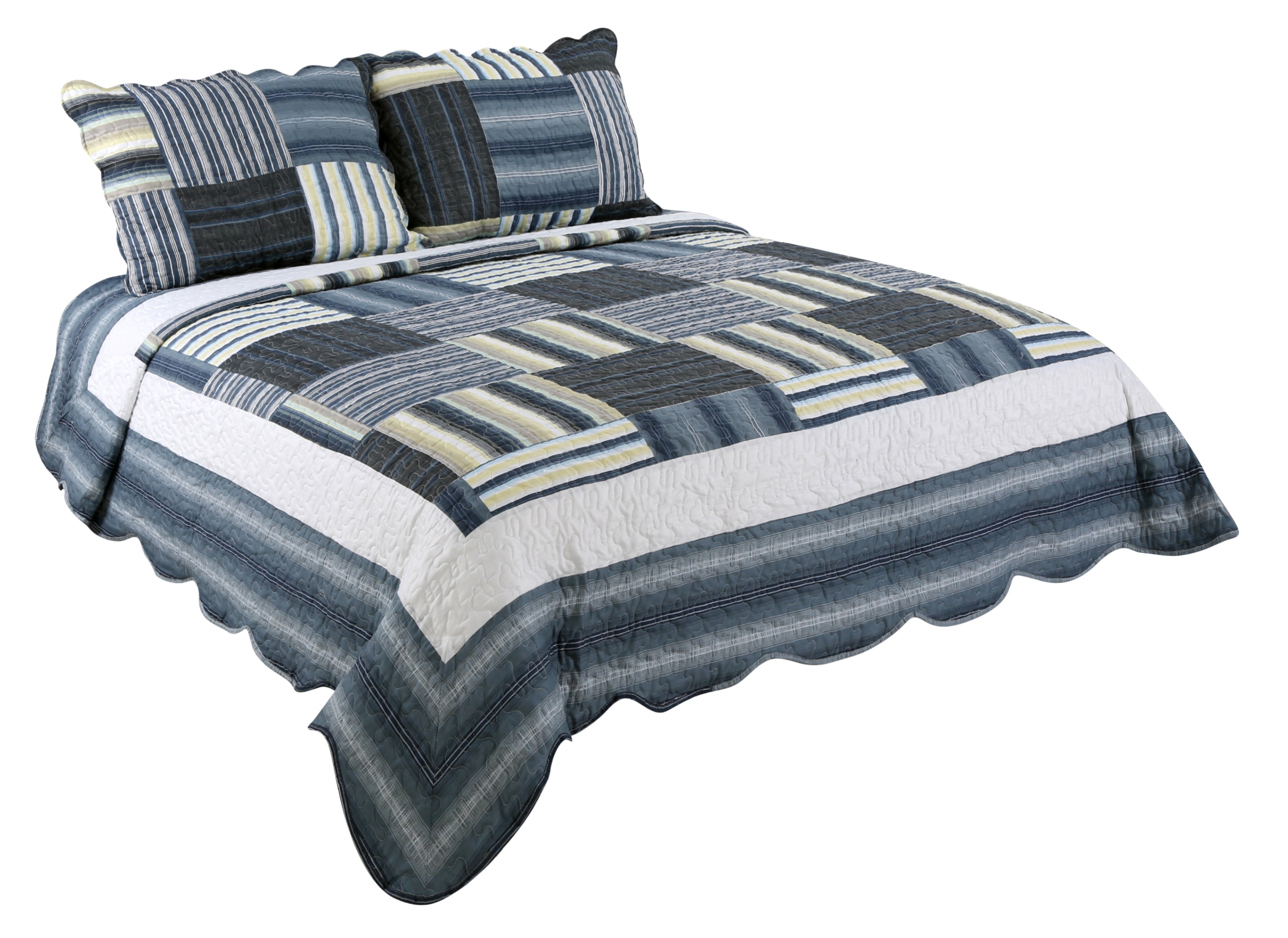 Ensemble de literie d'été ultra doux avec couvre-lit matelassé, motif bleu marine écossais classique, Décoration Marina