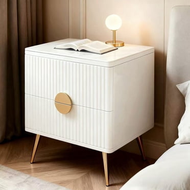 GStone Table de Nuit Moderne Cannelée avec Dessus en Pierre et Pattes en Métal Doré, Table de Chevet Profonde en Bois Massif à 2 Tiroirs pour Chambre, Fini Lustré