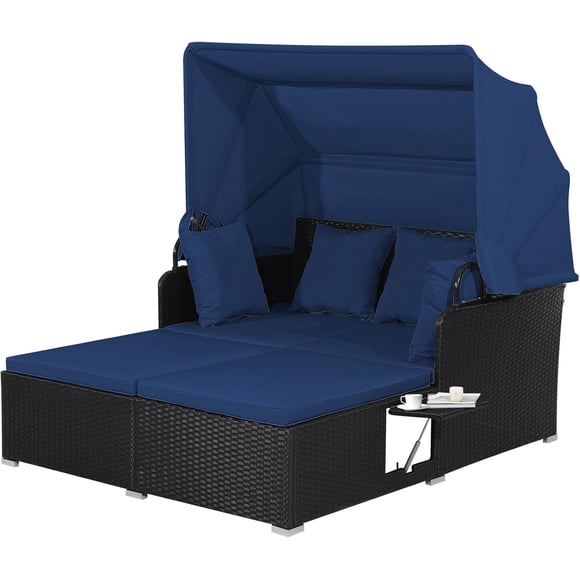Canapé d'extérieur en rotin synthétique avec auvent rétractable, 2 tables d'appoint, coussins de siège et de dossier, chaise longue pour jardin, cour, porche, bleu marine
