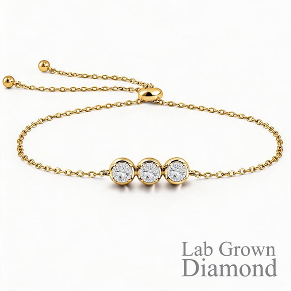 JeenMata Bracelet à Trois Pierres en Diamant de Laboratoire - Bracelet à Glissière Ajustable Plaqué Or Jaune pour Femmes
