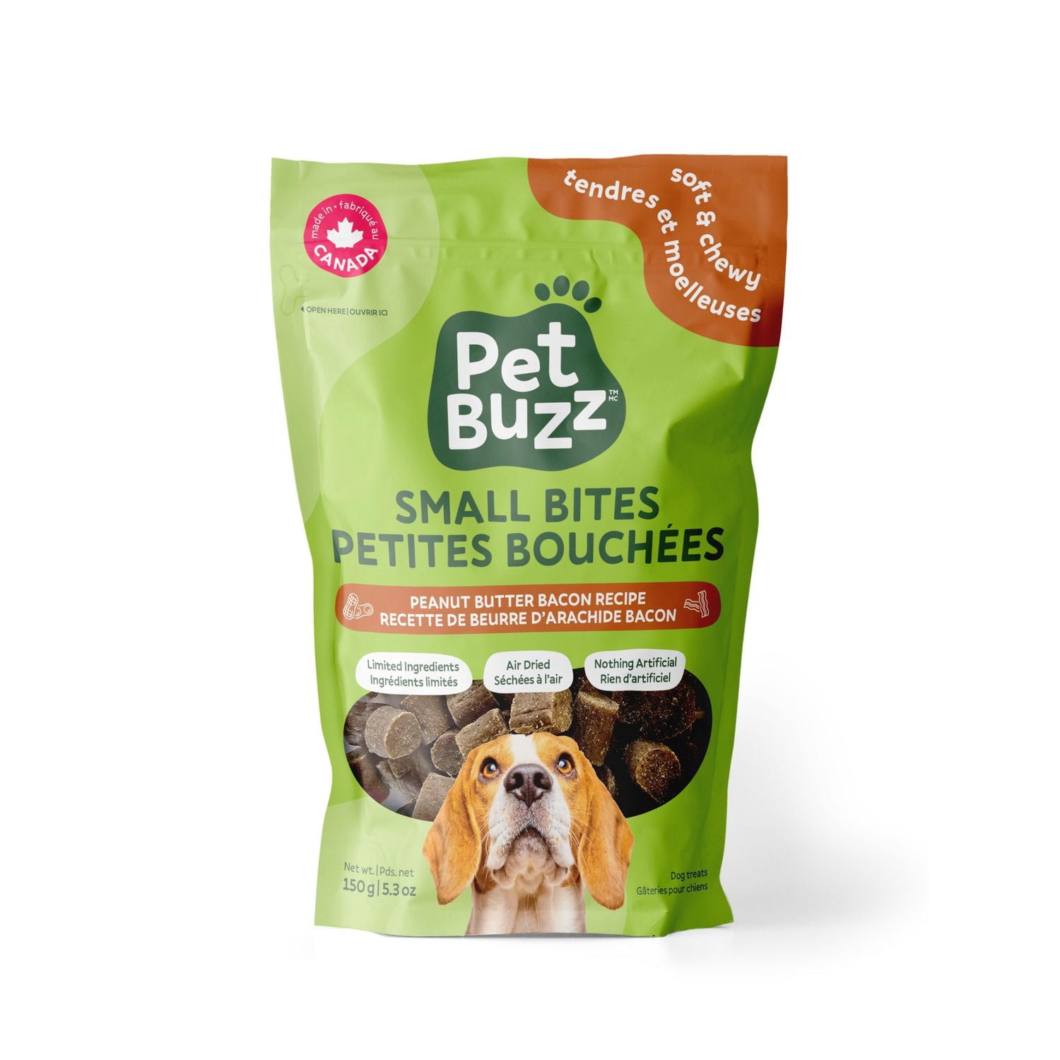 Pet Buzz Small Bites, All-Natural Soft & Chewy Dog Treats, Peanut Butter Bacon Dog Treat Recipe, 150g Bag, Made in Canada