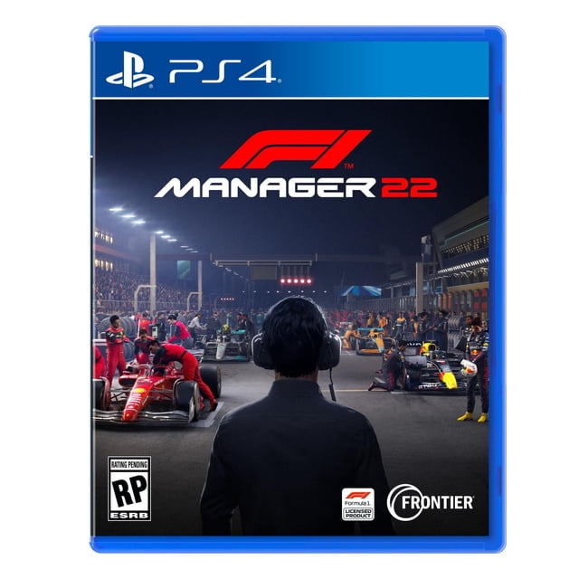 F1 Manager 2022 (PS4) game cover showing a race team manager wearing a headset standing in the pit lane at night, overseeing multiple Formula 1 cars and crew preparing for a race under bright floodlights with a packed grandstand in the background, emphasizing official F1 licensing and strategic race management.