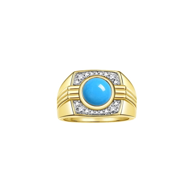 RYLOS Mens Rings 14K Yellow Gold Designer Round Gemstone & Sparkling Diamond Ring Turquoise December Birthstone Rings For Men, Men's Rings, Gold Rings Sizes 8 - 13