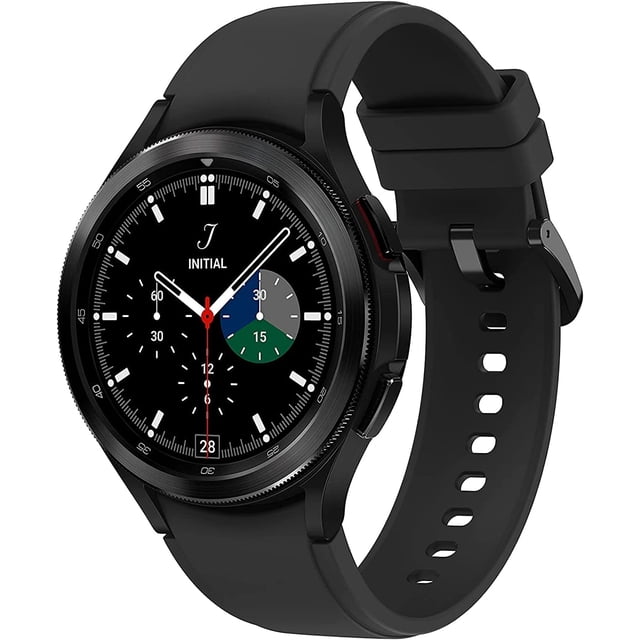 Samsung Galaxy Watch4 (Classic Edition) 46mm GPS + LTE Smartwatch with Heart Rate Monitor, shown in a sleek black design with a round AMOLED touchscreen display. The watch features a black silicone strap with an adjustable buckle and a stainless steel bezel. The watch face displays an analog-style clock with additional dials for tracking fitness metrics. Certified refurbished with a 9/10 condition rating, it offers advanced workout tracking, VO2 Max monitoring, and compatibility with Android 6.0 or higher. Water-resistant up to 50 metres and equipped with Bluetooth 5.0 and Wi-Fi connectivity.