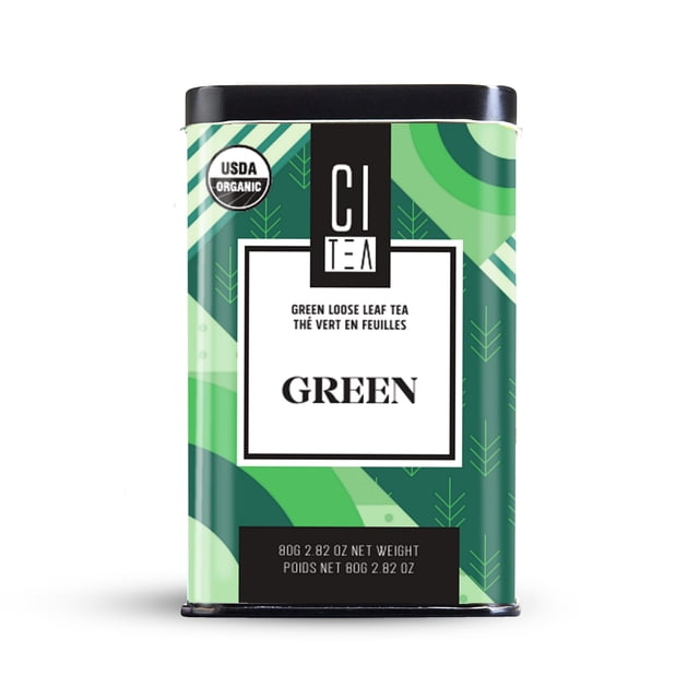 New Green Tea, Organic Pure Loose Leaf Green Tea by Citea in an 80g tin can. The packaging features a green and black design with the USDA Organic logo and text indicating 'Green Loose Leaf Tea' in both English and French. Ideal for brewing hot or iced tea, this organic Ceylon green tea is preserved in a tin to maintain its fresh flavor and aroma.