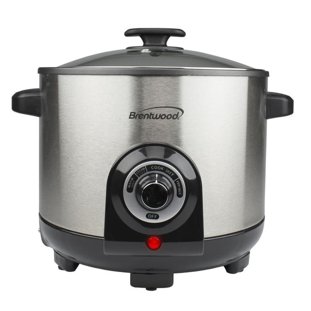 Brentwood Electric Deep Fryer & Multi Cooker, 5.2 Quart, Stainless Steel with brushed stainless steel finish, black cool-touch handles, vented tempered glass lid, and front control dial with adjustable temperature settings for steaming, cooking at 302°F, and frying at 375°F. Includes red power indicator light and four black feet for stability.