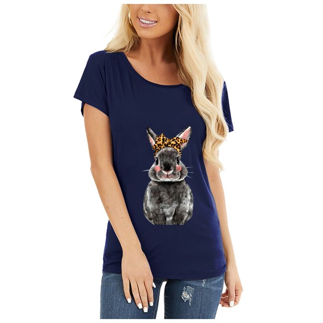 Blouse d'Été Grande Taille à Manches Courtes pour Femmes, T-shirt à Col Rond avec Imprimé Lapin, Blouse Décontractée Ample à Manches Courtes de Pâques, T-shirt à Col en V pour Femmes en Liquidation
