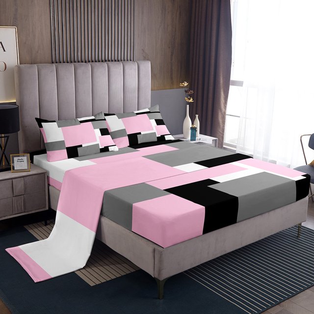 Erosebridal Geometric Sheet Set Twin, Square Rectangle Bedding Sets Twin Size, Abstract Stripe Decor 3pcs