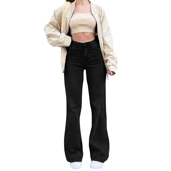 Ketyyh-chn99 Cargo Jeans Women High Rise Skinny Jeans y2k Women's Wide Leg Jeans High Waisted Stretchy Straight Leg Jeans Loose Denim Pants with Pocket Black,M