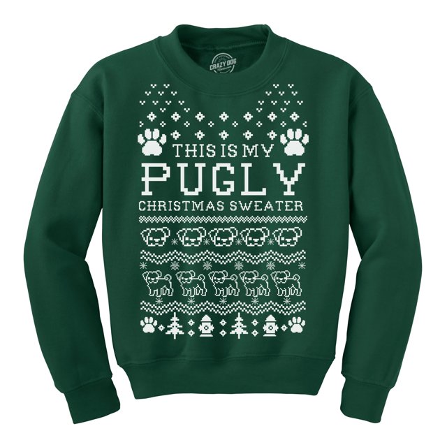 Ceci Est Mon Chandail de Noël Laid à Col Rond Drôle pour Animal de Compagnie Pug Chandail pour Chien (Vert Forêt) - TG