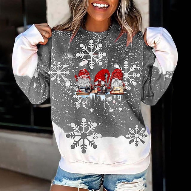 EGNMCR Chandail de Noël pour Femmes, Hiver, Col Rond, Imprimé de Noël, Manches Longues, Hauts Imprimés, Blouse Régulière