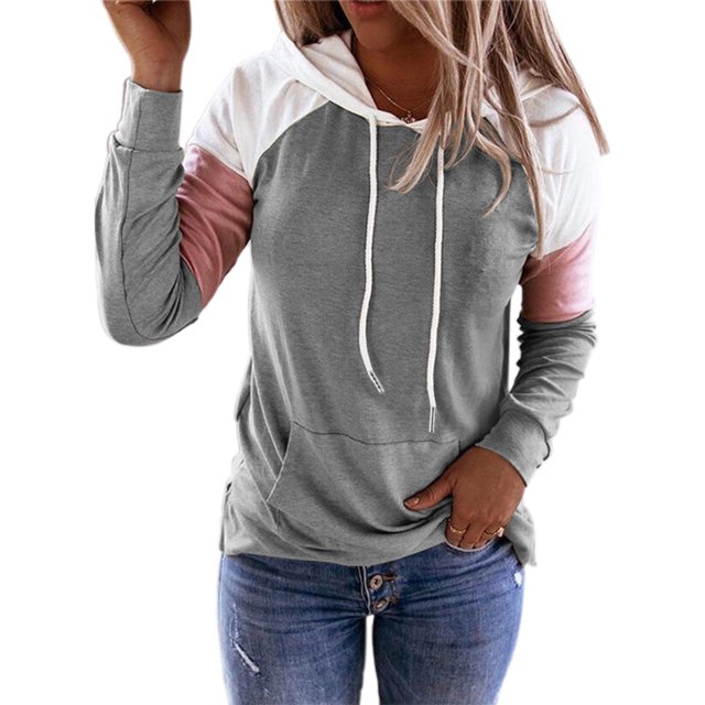MAWCLOS Ladies T-shirt Color Block Sweatshirt Long Sleeve Pullover Loose Fit Work Hooded Neck Hoodies Light Gray L