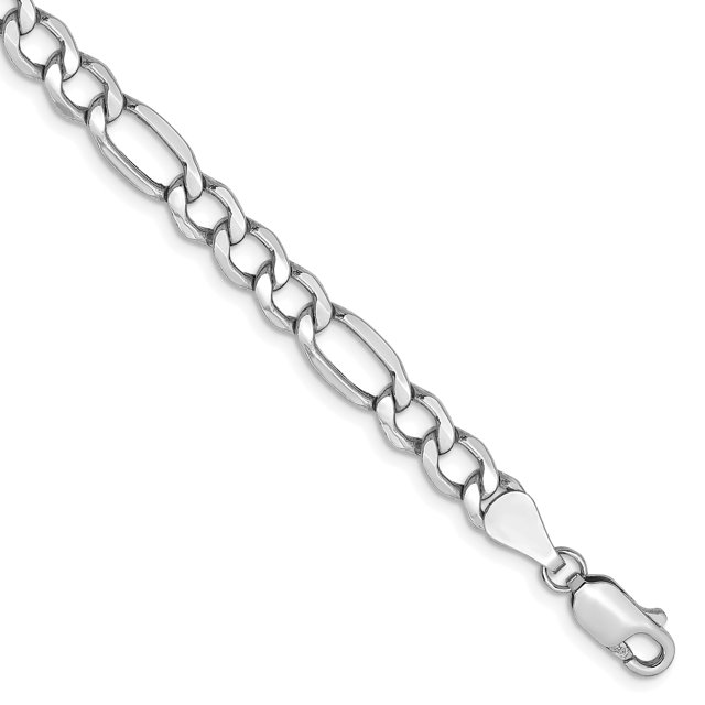 14K White Gold 5.35mm Semi-Solid Figaro Chain featuring a polished rhodium-plated finish. This 7-inch chain bracelet has a hollow design with a 5.35mm width and a secure lobster clasp. Made from 14K white gold through a casted and machine-made process, it is lightweight at approximately 3.23 grams. Includes a gift box.