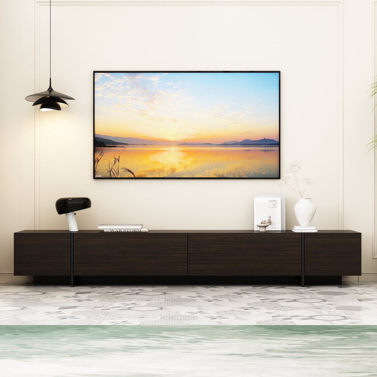 Oxylife TV Stand with 4 Flip-Down Drawers, Modern Entertainment Center with Storage, Media Console Table TV Cabinet, Dark Brown