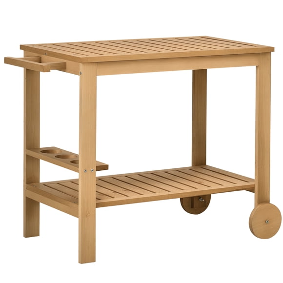 Outsunny Outdoor Wood Bar Cart Patio Serving Cart with Wine Holders, Natural