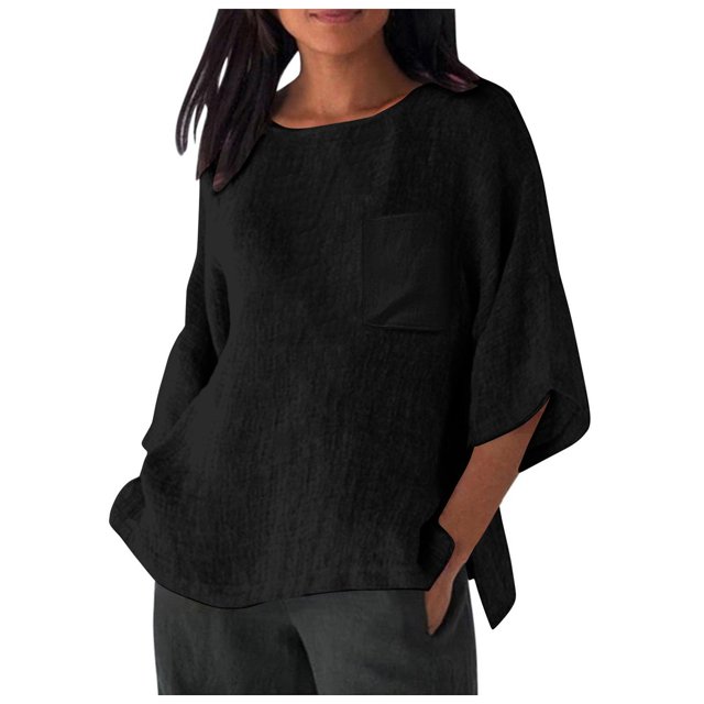 Hauts d'Été pour Femmes Élégants avec Manches 3/4 et Col Rond en Chemises Unies Confortables pour Femmes Noir m