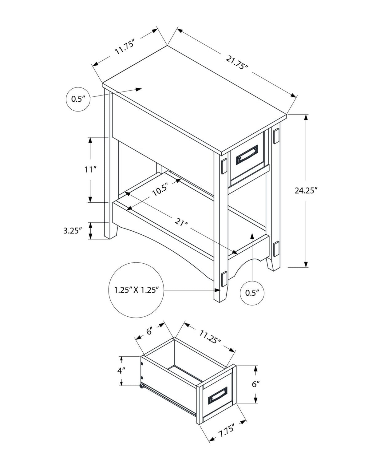 Monarch Specialties Table D'appoint, Bout, Table D'appoint, Table De Nuit, 2 Niveaux, Étroit, Tiroir De Rangement, Placage Brun, Transitionnel