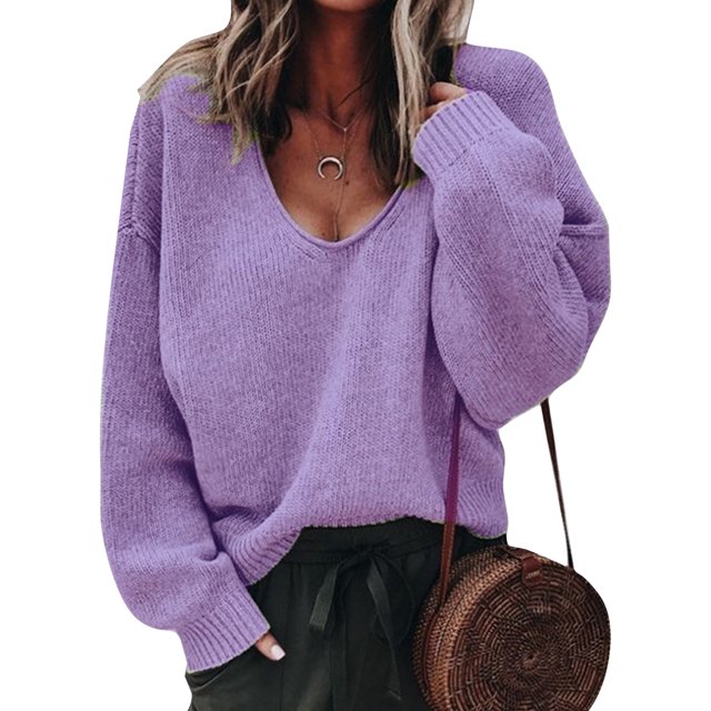 Innerwin Jumper Tops Long Sleeve Ladies Sweater Work Solid Color Casual Pullover Violet L