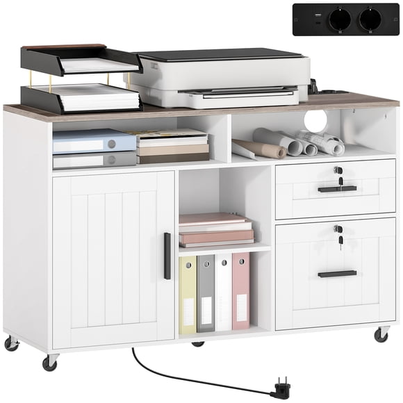 HOMCOM File Cabinet with Charging Station, Mobile Printer Table, White