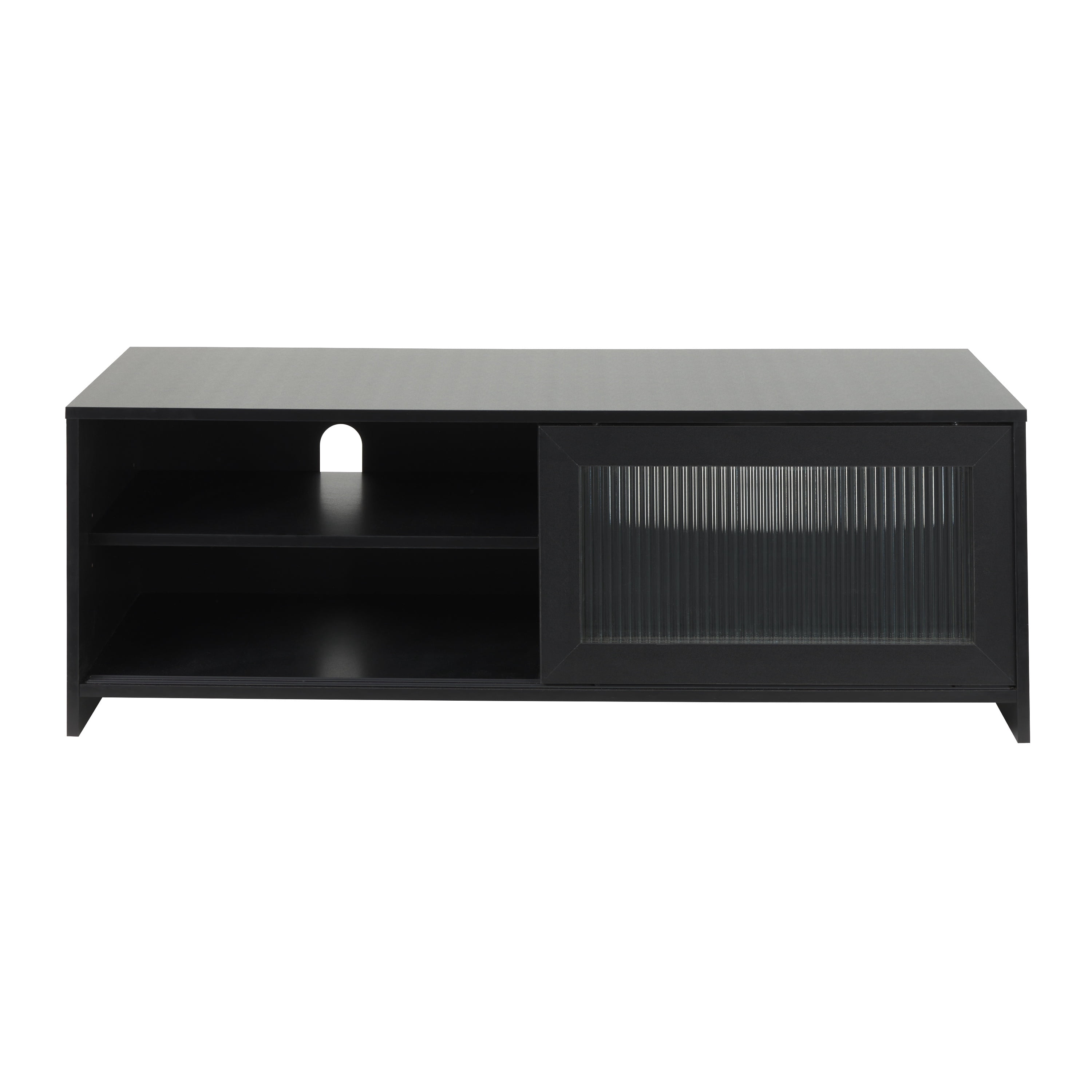 Meuble TV double modulaire CorLiving Ellis en bois d'ingénierie avec 4 portes vitrées cannelées, compatible avec la plupart des téléviseurs de plus de 95 pouces, noir