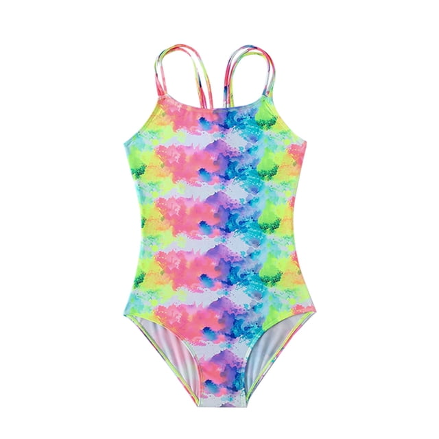 B91xZ Girls One Piece Swimsuit One Piece Rash Guard Girls Bathing Suit in a vibrant tie-dye rainbow pattern. This swimsuit features a sleeveless design with thin shoulder straps and is made of 95% polyester and 5% spandex for comfort and durability. Designed for girls aged 9-10 years, it offers SPF 50 sun protection, making it ideal for beach outings and swim lessons. The lightweight material ensures a soft feel on sensitive skin.