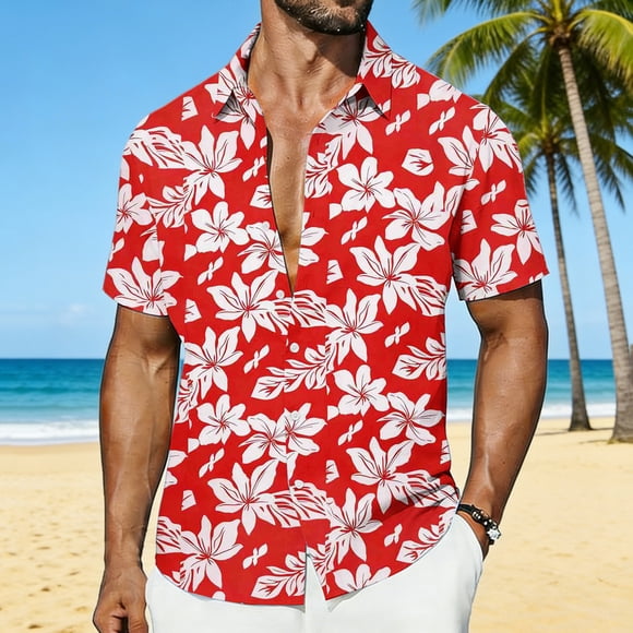 Ceisia Men's Tropical Floral Print Short Sleeve Button Down Hawaiian Shirt for Beach Vacation Red S Gifts