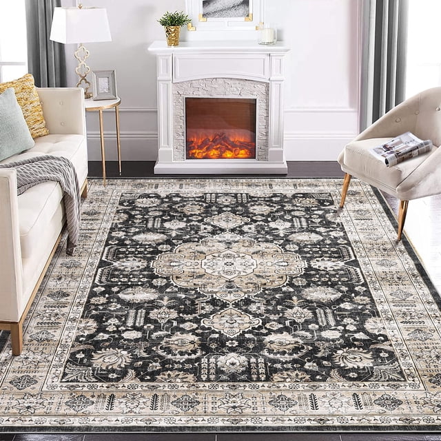 Garvee 8'x10' Area Rug Vintage Washable Area Rugs Non-Slip Boho Floral Print Rug Persian Distressed Soft Low-Pile Carpet for Dining Room Playroom, Black