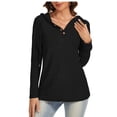 thumbnail image 1 of Knit Hoodies Women Drawstring Button V-Neck Pullover Sweatshirt Travel Casual Long Sleeve Hooded Fall Tops, 1 of 6