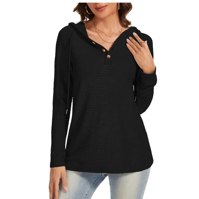 Knit Hoodies Women Drawstring Button V-Neck Pullover Sweatshirt Travel Casual Long Sleeve Hooded Fall Tops