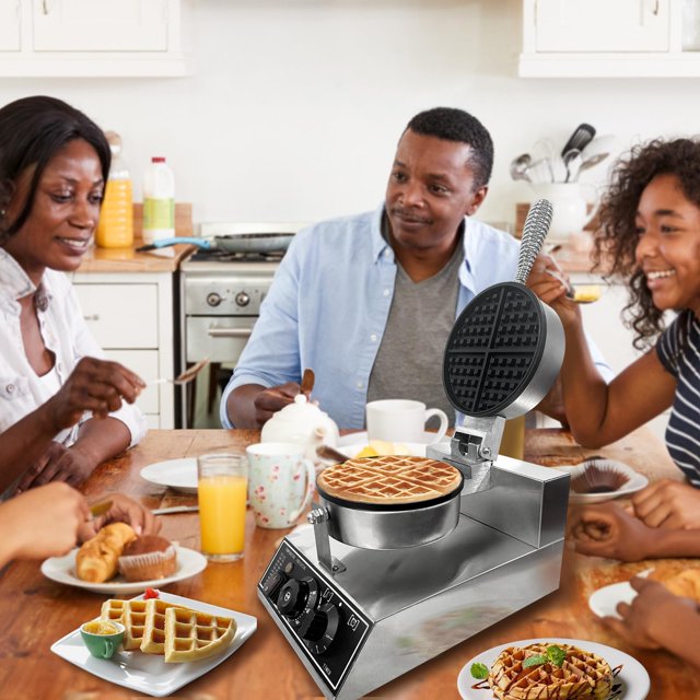 GloryStar Commercial Waffle Maker, 1200W Stainless Steel Nonstick Round Waffle Iron with 122℉ to 572℉ Temp Range & Time Control, for Household Bakeries Snack Bar