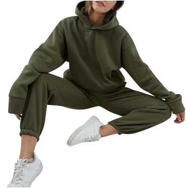 PEZHADA Autumn Winter Womens 2 Piece Outfits Lounge Matching Sets Two Piece Long Sleeve Coat Pants Homewear Set Casual Cozy Pajamas Tracksuit Set Army Green