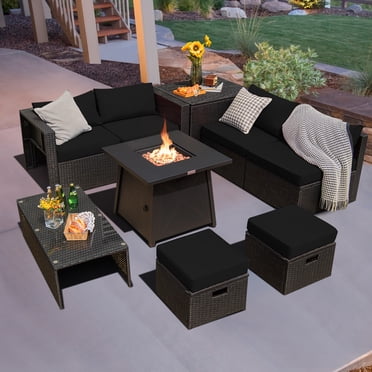 Costway 9PCS Patio Rattan Furniture Set Fire Pit Space-saving W/Cover Black Cushion