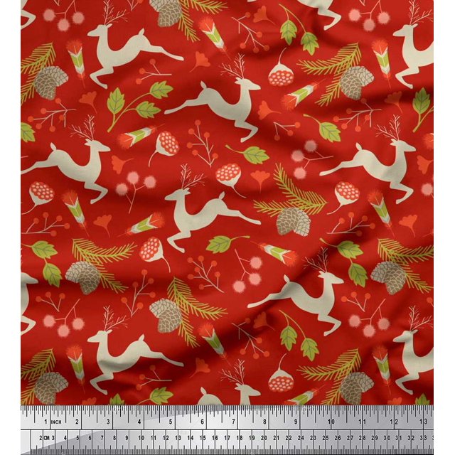 Soimoi Polyester Crepe Fabric Leaves & Reindeer Animal Print Fabric by Yard 52 Inch Wide