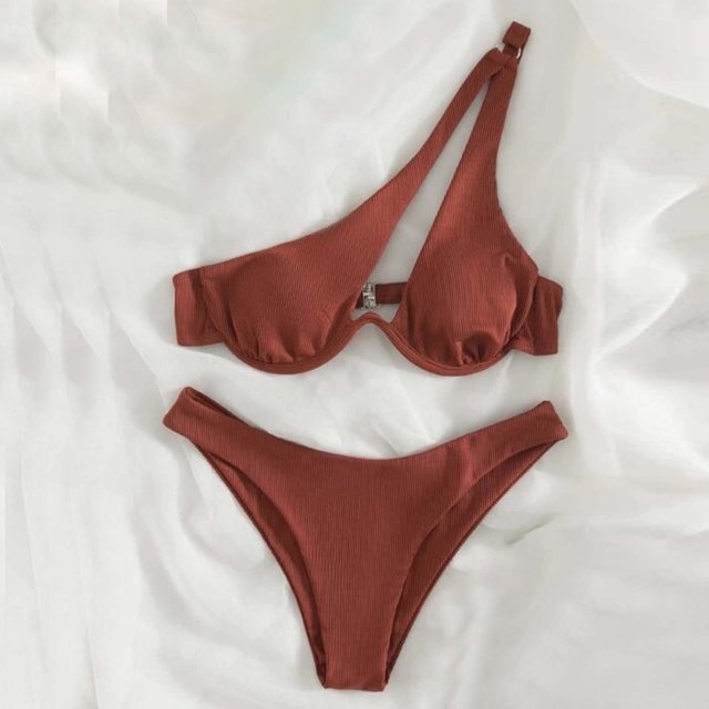Cameland Ladies' Sexy Split Shoulder Steel Support Bikini Solid Color Two-piece Swimsuit