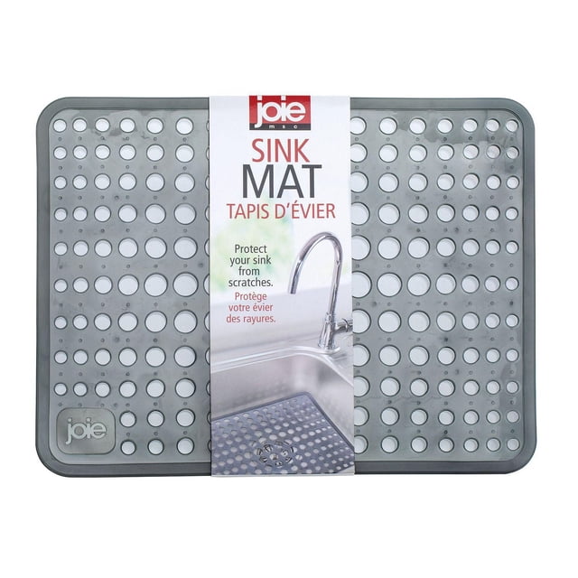 JOIE SINK MAT Gris Rectangulaire SINK MAT avec Trous Circulaires de Tailles Variables, Conçu pour Protéger les Éviers de Cuisine contre les Égratignures et Sauvegarder la Vaisselle, les Ustensiles et les Batteries de Cuisine, avec le logo JOIE dans le Coin et l'Étiquette d'Emballage Bilingue.