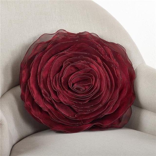 SARO 160.BU16R 16 in. Damassé Serviette Ronde Rose Design Poly Rempli Oreiller - Bordeaux