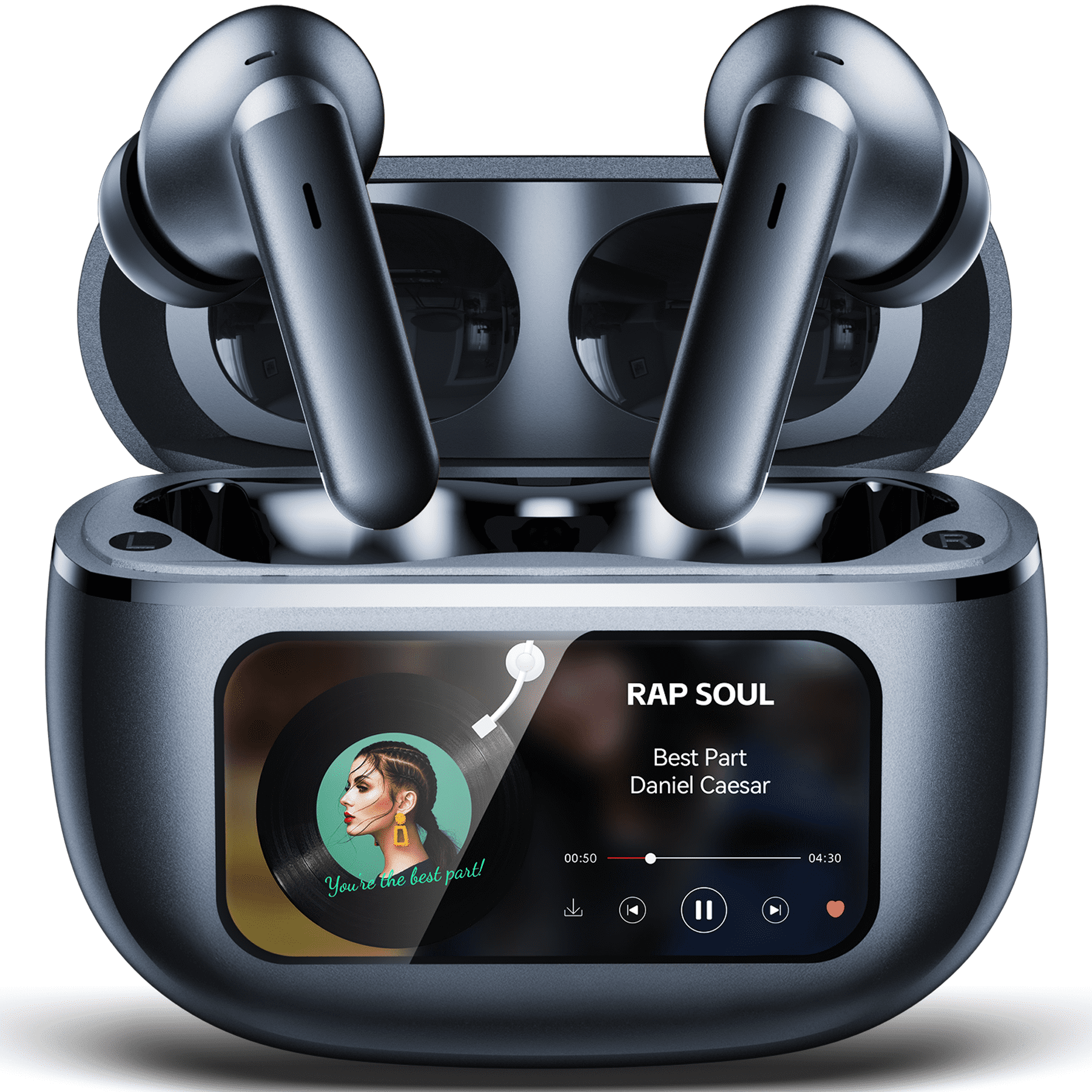 VEAT00L Active Noise Cancelling Wireless Earbuds with Smart Touch Screen, HiFi Stereo Sound, ENC Clear Call Ear Buds, 80H Playtime, IPX7 Waterproof, Transparency Mode, 5 EQ for iOS Android