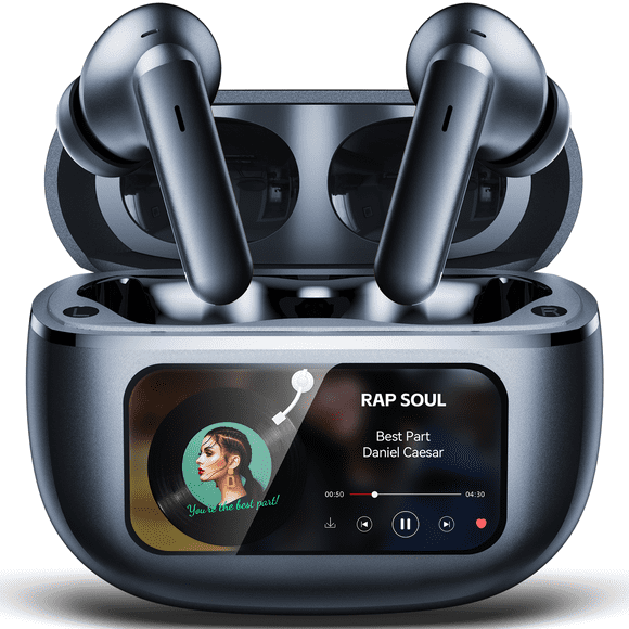 VEAT00L Active Noise Cancelling Wireless Earbuds with Smart Touch Screen, HiFi Stereo Sound, ENC Clear Call Ear Buds, 80H Playtime, IPX7 Waterproof, Transparency Mode, 5 EQ for iOS Android