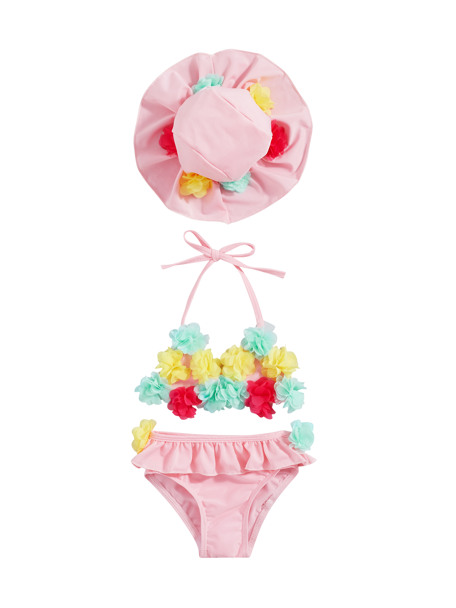 Kmbangi 3Pcs Infant Girls Swimsuits Flower Decor Tie-Up Halter Neck Tank Tops + Ruffles Shorts + Sun Hat Bikini Split Swimwear Set 0-24M