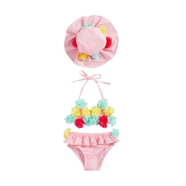 Kmbangi 3Pcs Infant Girls Swimsuits Flower Decor Tie-Up Halter Neck Tank Tops + Ruffles Shorts + Sun Hat Bikini Split Swimwear Set 0-24M
