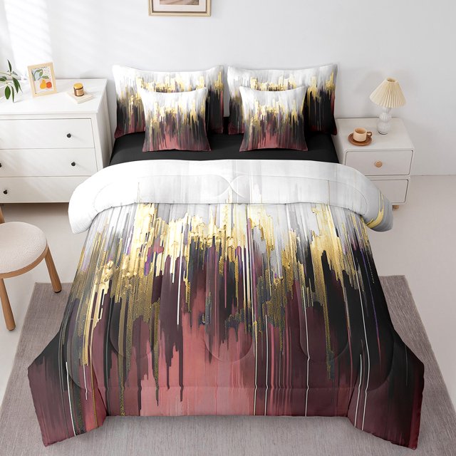 YST Gradient Stripe 7-Piece Bedding Set Modern Oil Painting Graffiti Twin Size Comforter Set, Burgundy Red