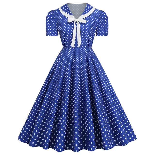 Pisexur Robe à Manches Courtes Col en V Mode Femmes Robe Vintage Évasée Ligne A Nœud Papillon Robe de Bal Col en V Manches Courtes Imprimé à Pois Robe Femme en Solde
