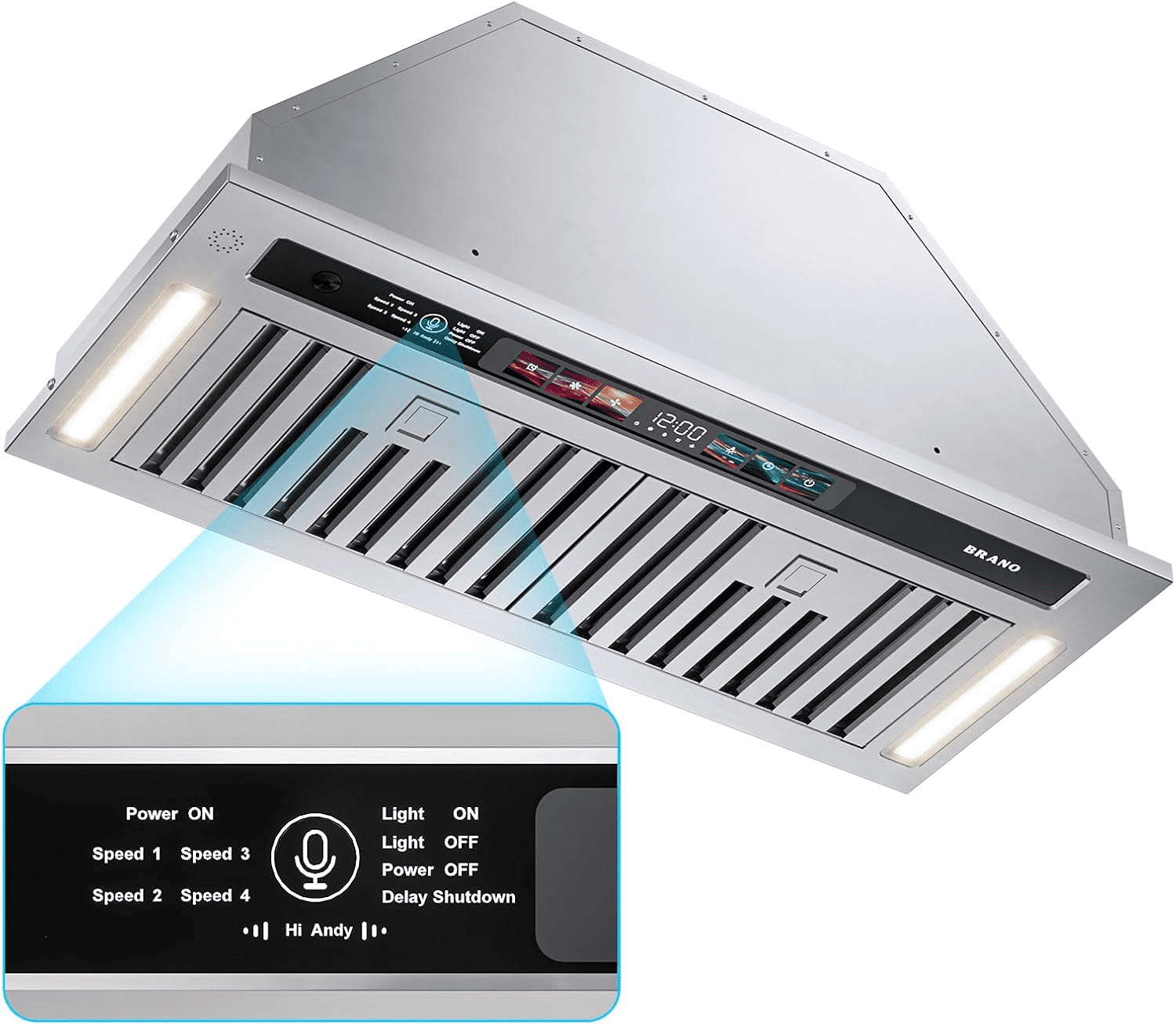Hotte de cuisine BRANO 900 CFM encastrée en acier inoxydable, contrôle vocal/gestuel/tactile, convertible ductée/ductless, 30 pouces