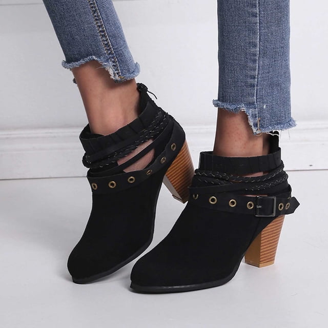 Cameland Bottines à Cheville Épaisses Rétro pour Femmes avec Fermeture Éclair Arrière et Boucle de Ceinture